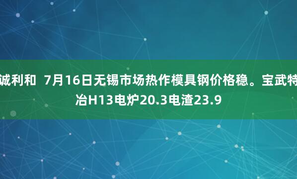 诚利和  7月16日无锡市场热作模具钢价格稳。宝武特冶H13电炉20.3电渣23.9